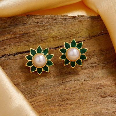 Estele Gold Plating Flower Shaped Meenakari Pearl Stud Earrings with Green Enamel for Women