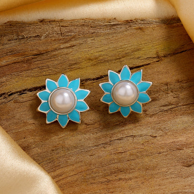 Estele Rhodium plated Classic Meenakari Pearl Stud Earrings with Blue Enamel for Women