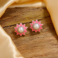 Estele Rhodium Plated Lovely Meenakari Pearl Stud Earrings with Pink Enamel for Women