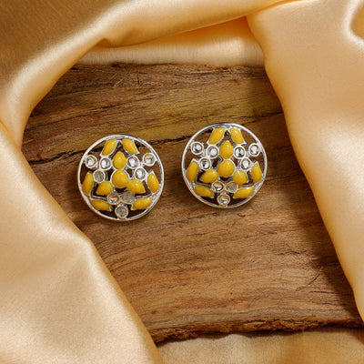 Estele Rhodium Plated Dazzling Meenakari Kundan Stud Earrings with Yellow Enamel for Women