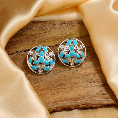Estele Rhodium Plated Stylish Meenakari Kundan Stud Earrings with Blue Enamel for Women