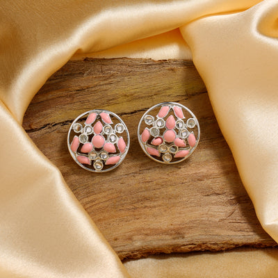 Estele Rhodium Plated Charming Meenakari Kundan Stud Earrings with Pink Enamel for Women