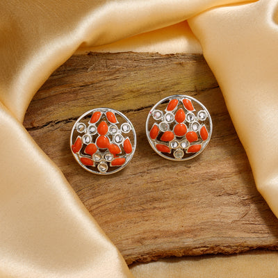 Estele Rhodium Plated Alluring Meenakari Kundan Stud Earrings with Orange Enamel for Women