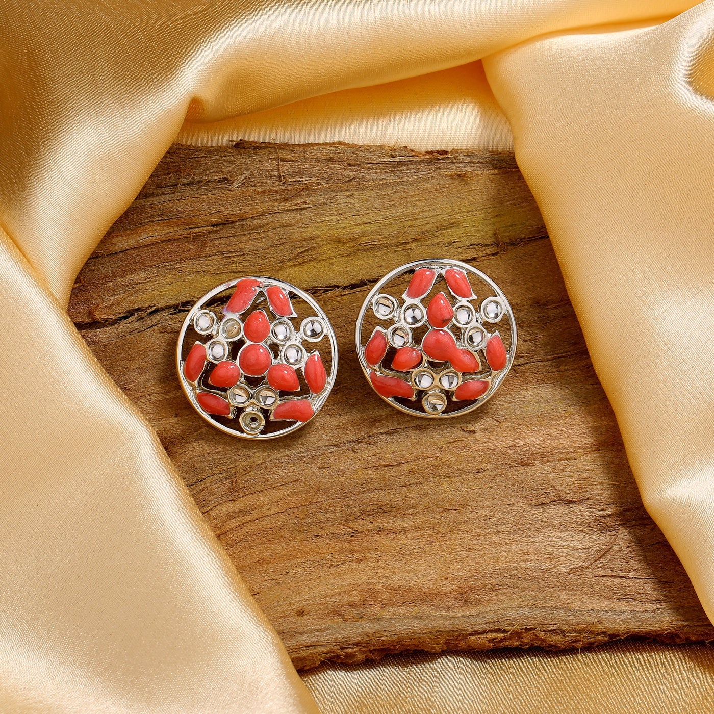 Estele Rhodium Plated Elegant Meenakari Kundan Stud Earrings with Pink Enamel for Women