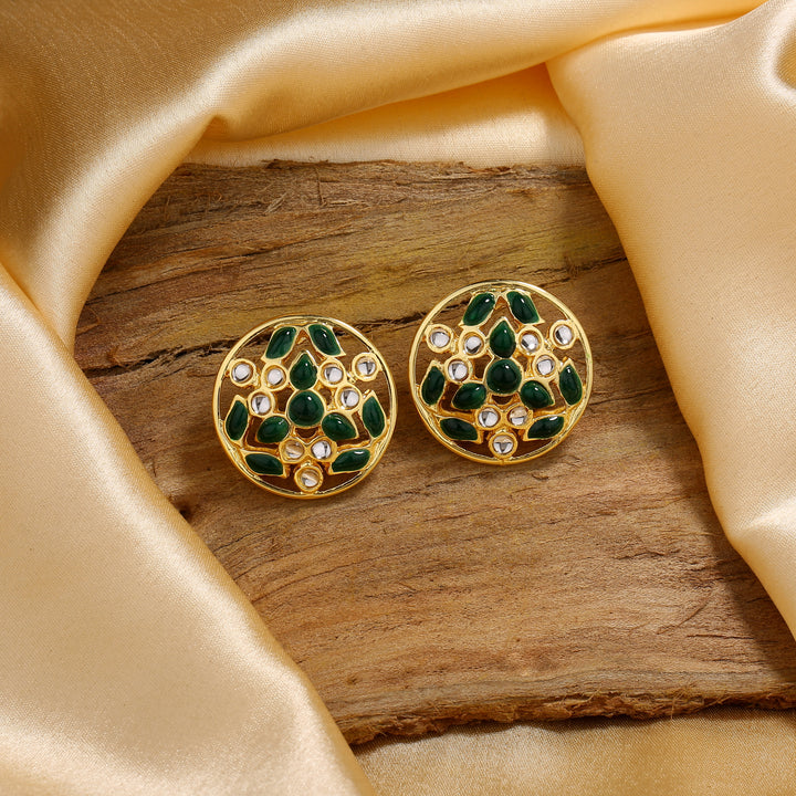 Estele Gold Plated Adorable Green Meenakari Stud Earrings with Kundan for Women