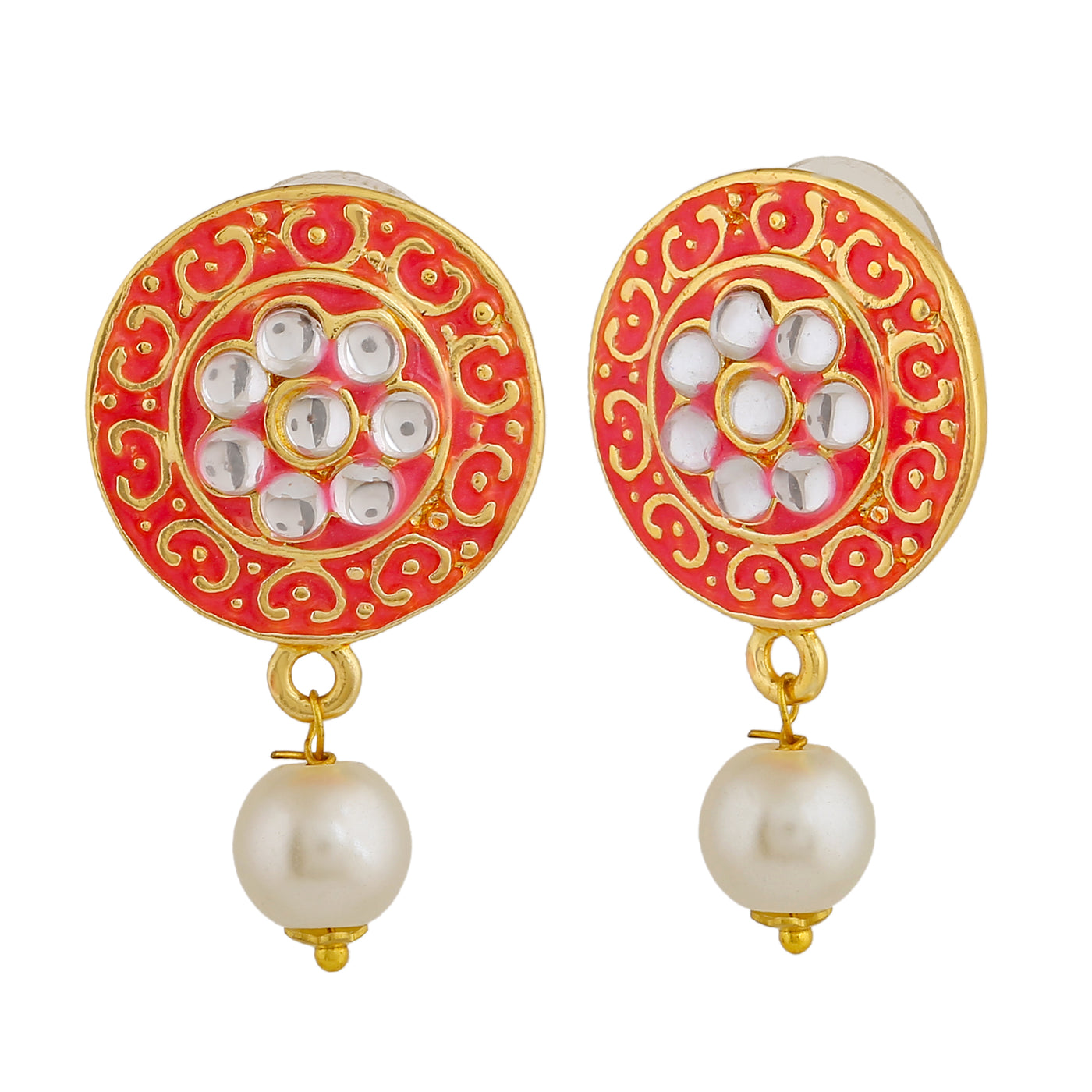 Estele Gold Plated Beautiful MeenaKari Kundan Drop Earrings with Pearls for Women