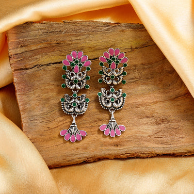 Estele Rhodium Plated Oxidised Beautiful Meenakari Earrings with multi-color Enamel for Women