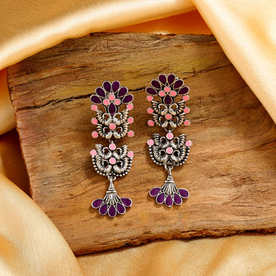Estele Rhodium Plated Oxidised Classic Meenakari Earrings with Multi color Enamel for Women