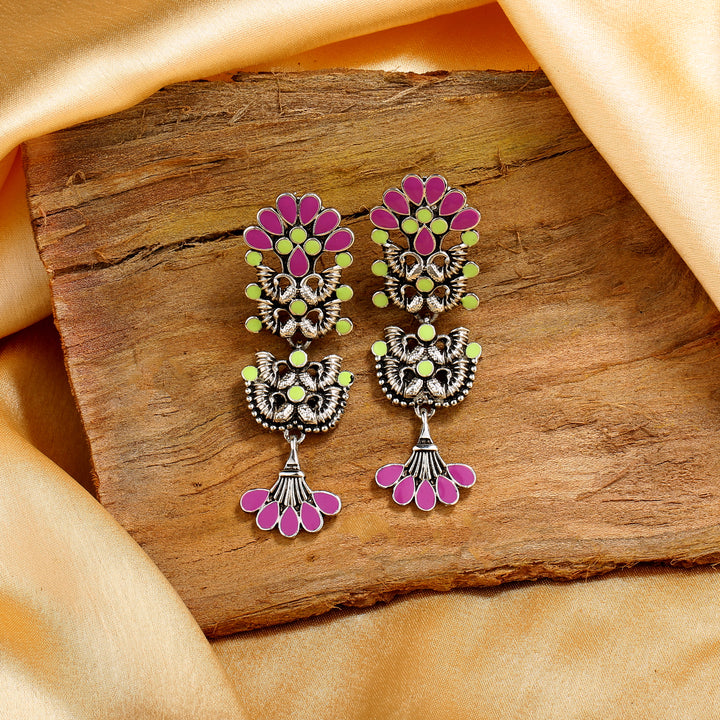 Estele Rhodium Plated Oxidised Fascinating Meenakari Earrings with Multi-color Enamel for Women
