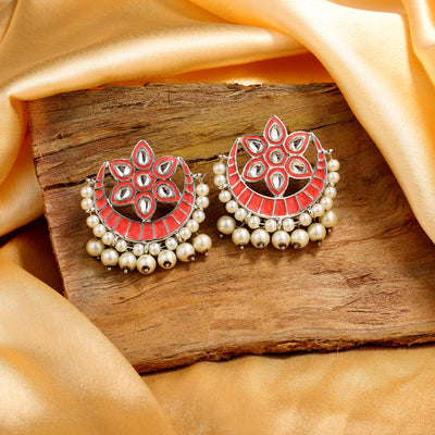 Estele Rhodium Plated Charming Meenakari Kundan Earrings with Pearl & Pink Enamel for Women