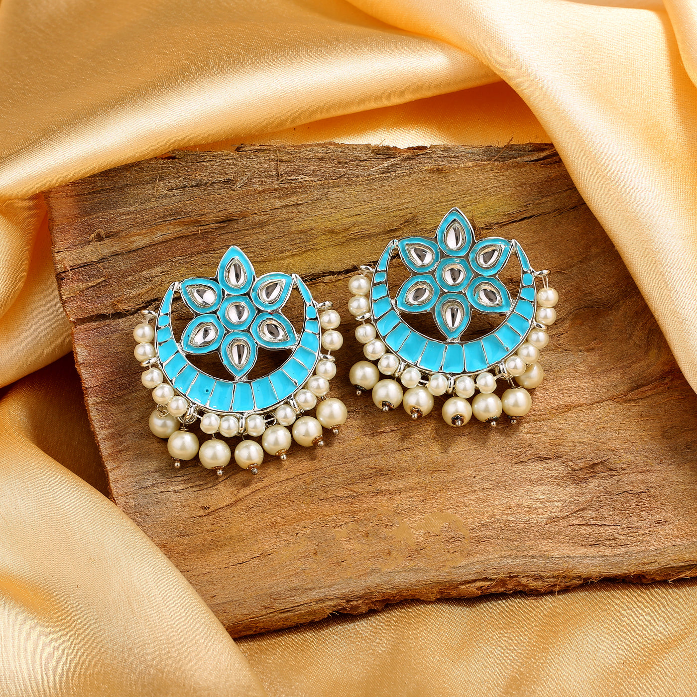 Estele Rhodium Plated Attractive Meenakari Kundan Earrings with Pearl & Blue Enamel for Women
