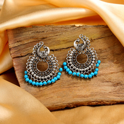 Estele Rhodium Plated Oxidised Classic Peacock Designer Earrings with Blue Beads for Women