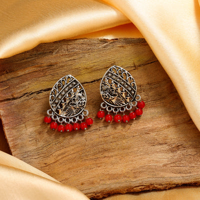 Estele Rhodium Plated Oxidised Elegant Earrings with Red Beads for Women