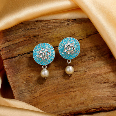 Estele Rhodium Plated Sparkling Meenakari Pearl Drop Earrings with Kundan for Women
