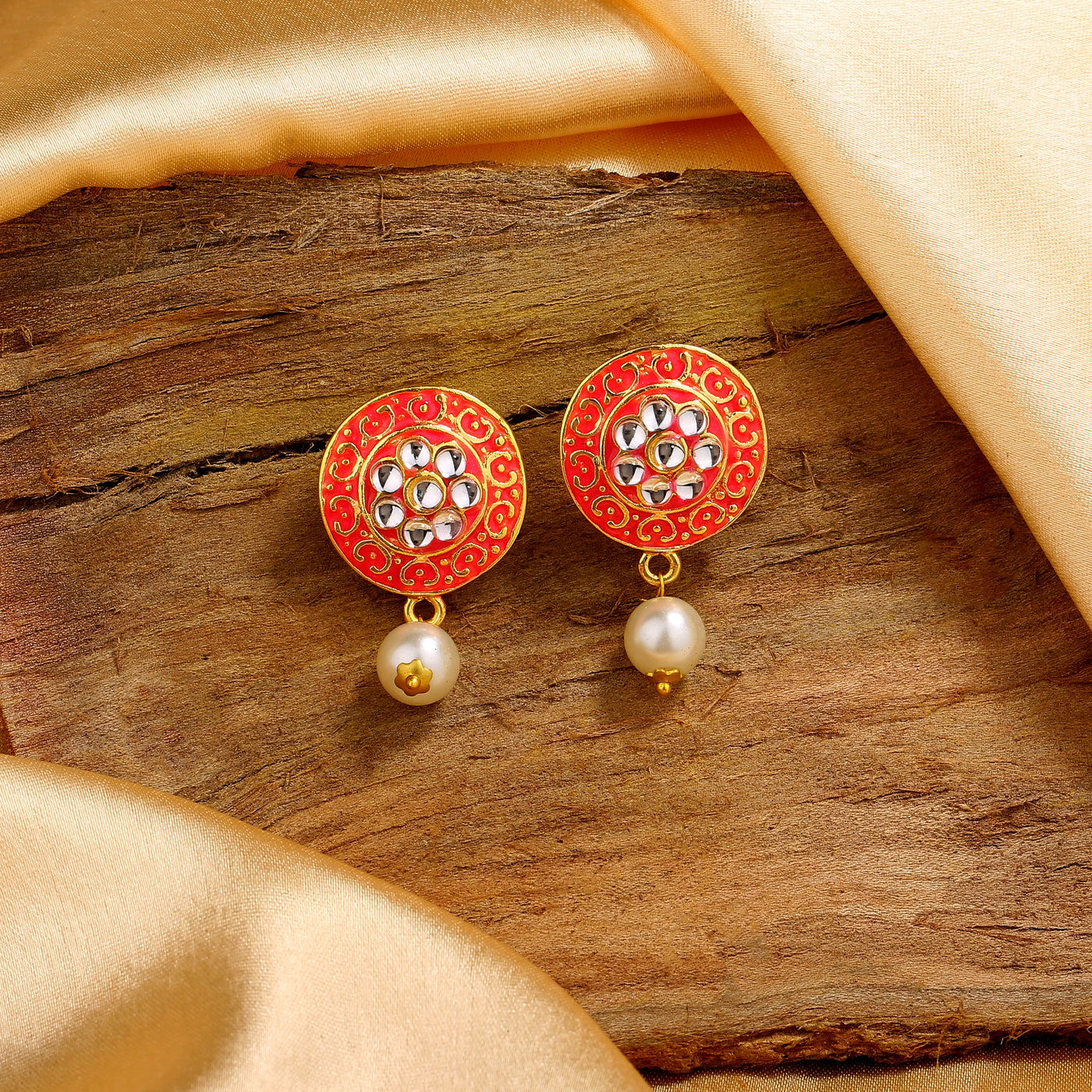 Estele Gold Plated Beautiful MeenaKari Kundan Drop Earrings with Pearls for Women