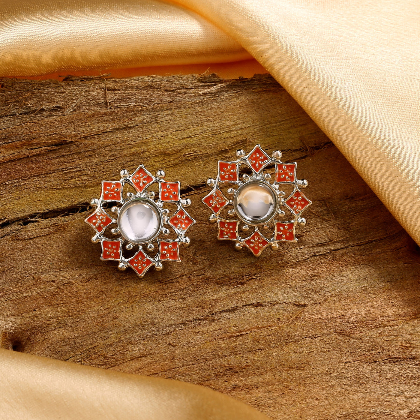 Estele Rhodium Plated Splendid Meenakari Kundan Stud Earrings with Orange Enamel for Women