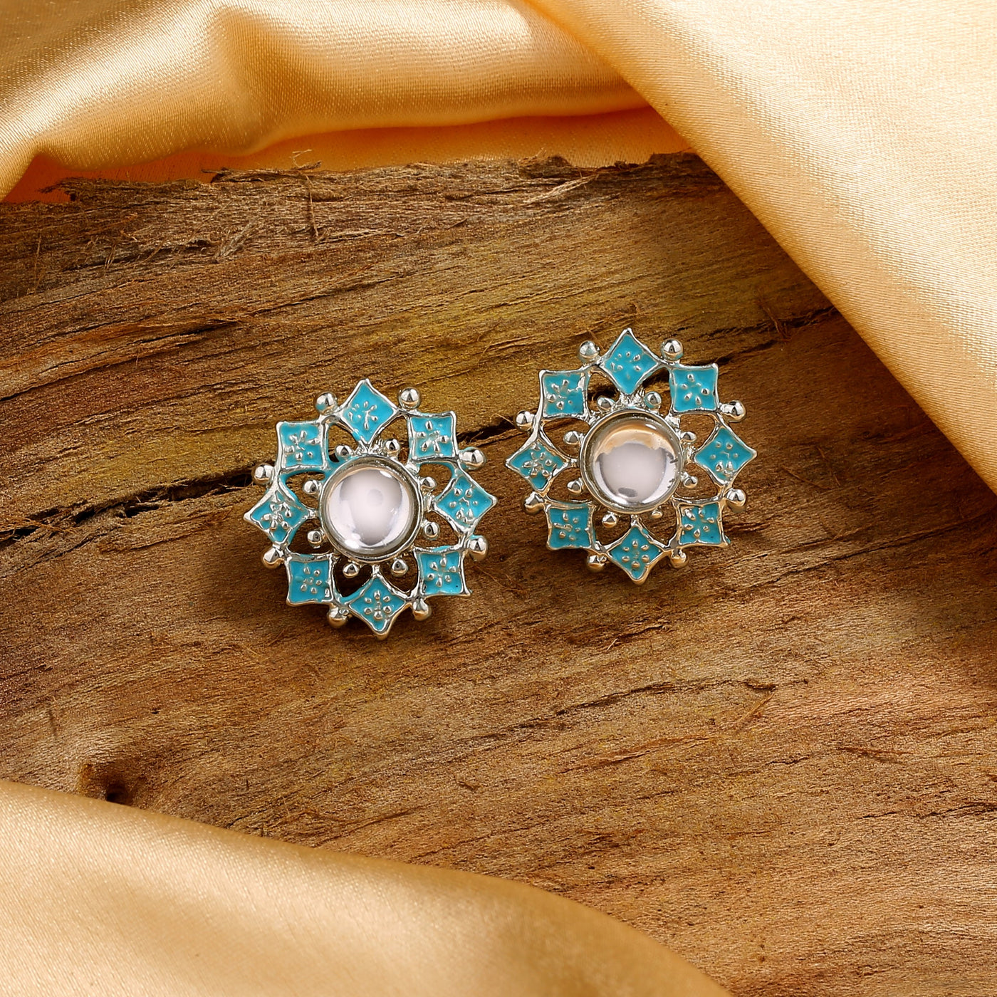 Estele Rhodium Plated Flower Shaped Blue Meenakari Kundan Stud Earrings for Women