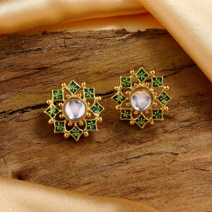 Estele Gold Plated Green Meenakari Kundan Stud Earrings for Women