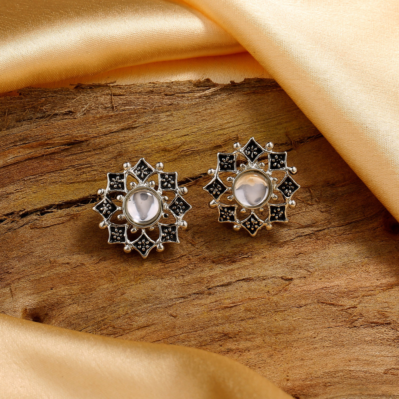 Estele Rhodium Plated Beautiful Black Meenakari Kundan Stud Earrings for Women
