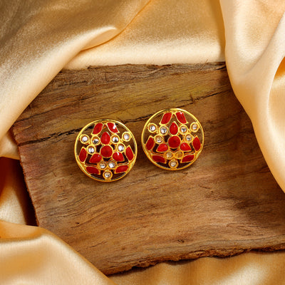 Estele Gold Plated Splendid Meenakari Kundan Stud Earrings with Red Enamel for Women