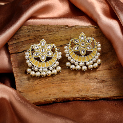 Estele Rhodium Plated Flower Designer Yellow Meenakari Kundan Earrings with Pearl for Women