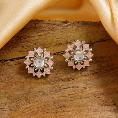 Estele Rhodium Plated Flower Shaped Pink Meenakari Kundan Stud Earrings for Women