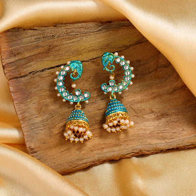 Estele Gold Plated Traditional Blue Meenakari Kundan Jhumka Earrings for Women