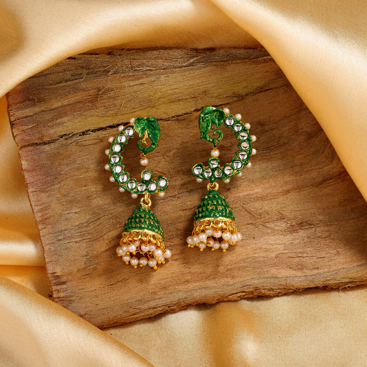 Estele Gold Plated Traditional Meenakari Jhumka Earrings with Green Enamel for Women
