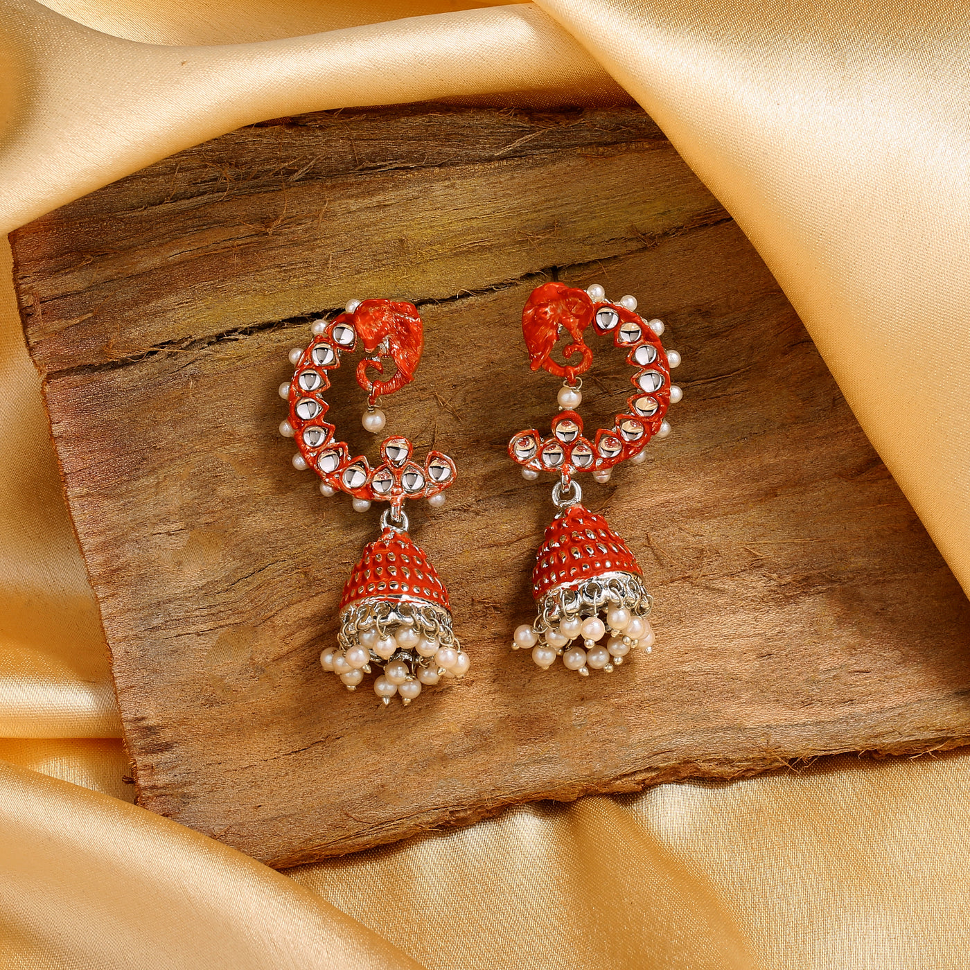 Estele Rhodium Plated Glamorous Elephant Designer Meenakari Jhumka Earrings with Red Enamel for Women