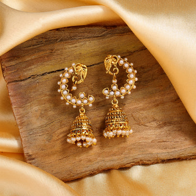Estele Gold Plated Elephant Designer Traditional Jhumka Earrings with Pearls for Women