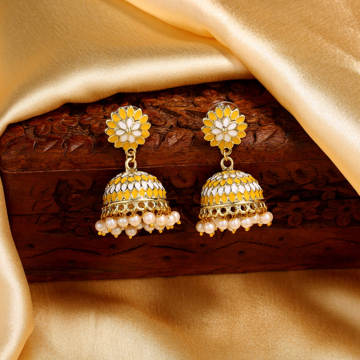 Estele Gold Plated Traditional Yellow Meenakari Jhumka Earrings with Pearls for Women