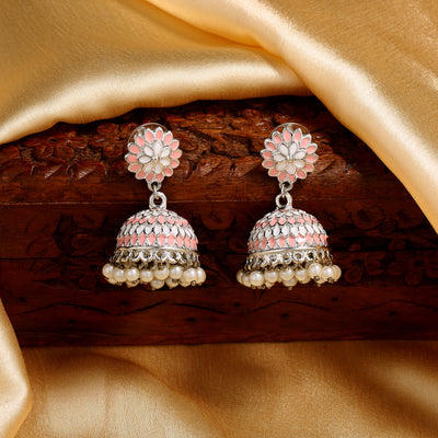 Estele Rhodium Plated Traditional Pink & White Meenakari Jhumka Earrings with Pearl for Women