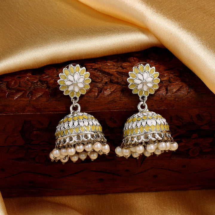 Estele Rhodium Plated Traditional Yellow & White Meenakari Jhumka Earrings with Pearls for Women