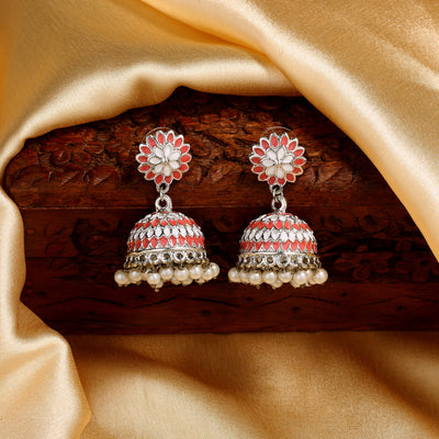 Estele Rhodium Plated Traditional Pink & White Meenakari Jhumka Earrings with Pearls Women