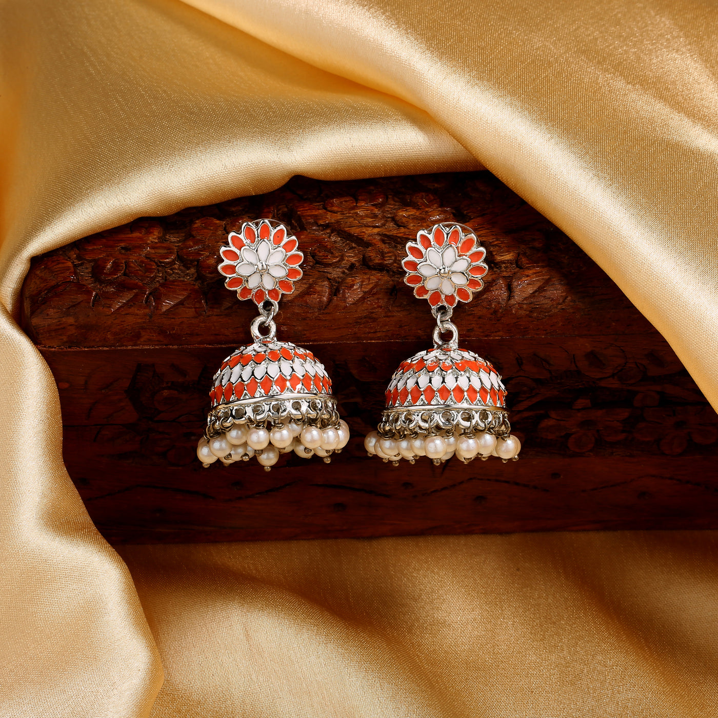 Estele Rhodium Plated Traditional Orange Meenakari Jhumka Earrings with Pearls for Women