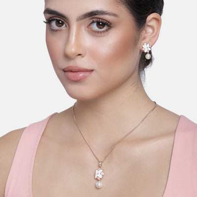 Charming Rose Gold Plated Solitaire Floral Pearl Drop Necklace