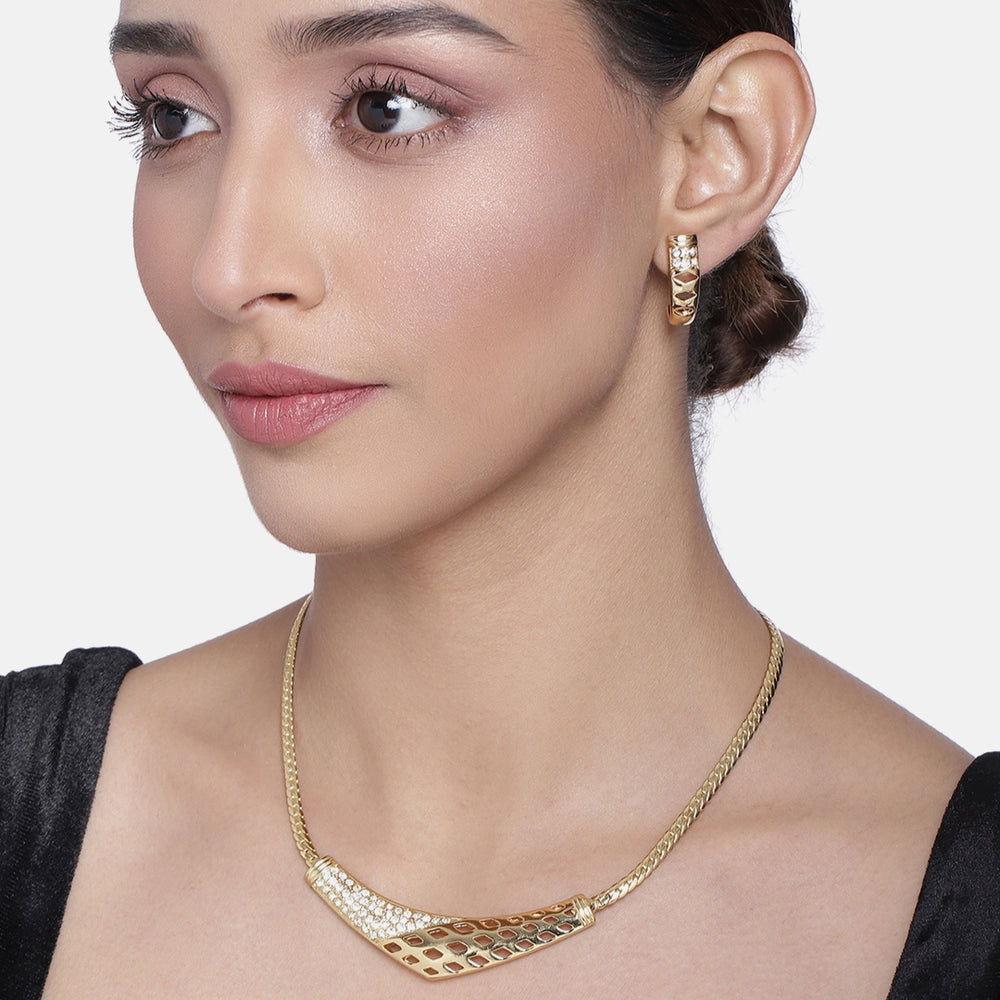 Gold Plated Boomerang Designer Necklace Set with Austrian Crystals