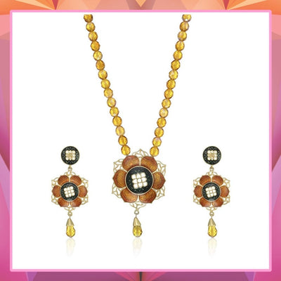 Estele  Gold Plated Flower shape with ORANGE Enamel and Beads Necklace Set for Women