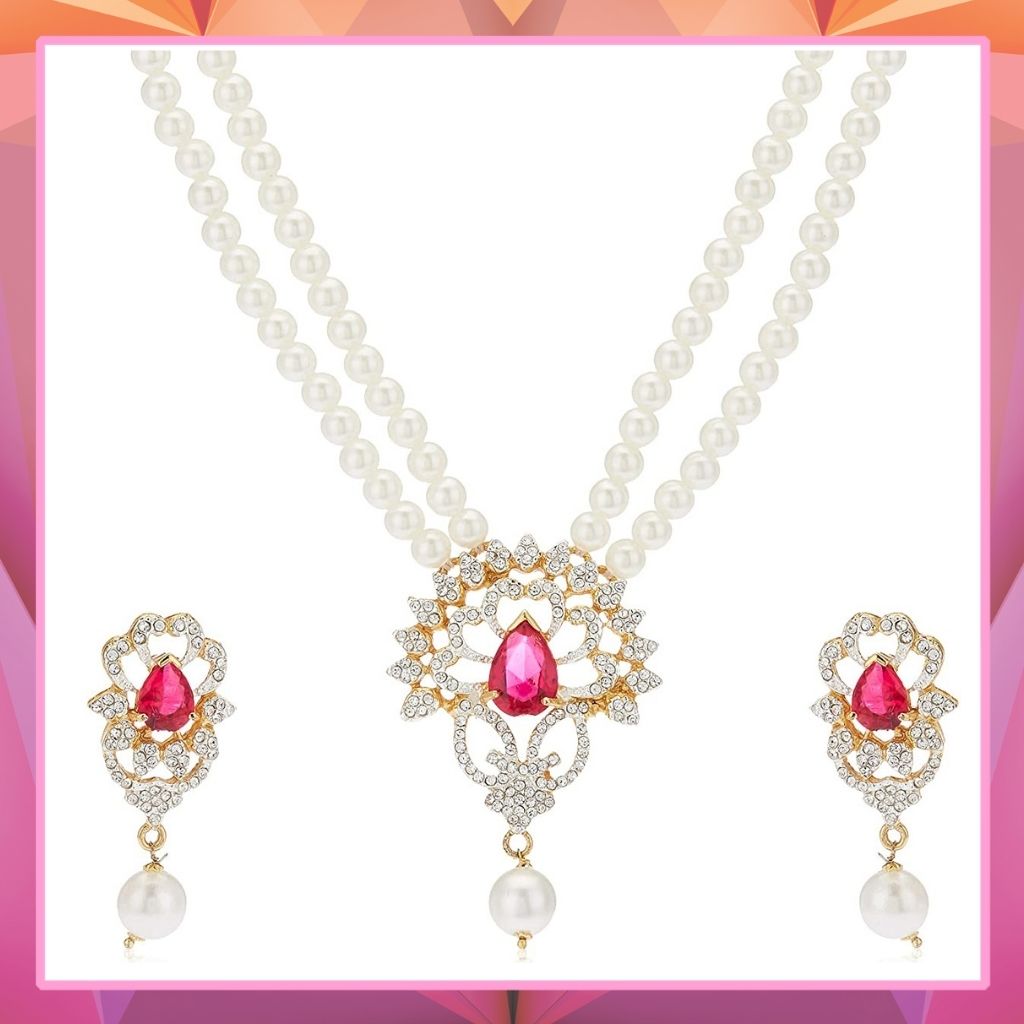 Estele Latest Pearl and Ruby Stone Necklace Set for Women