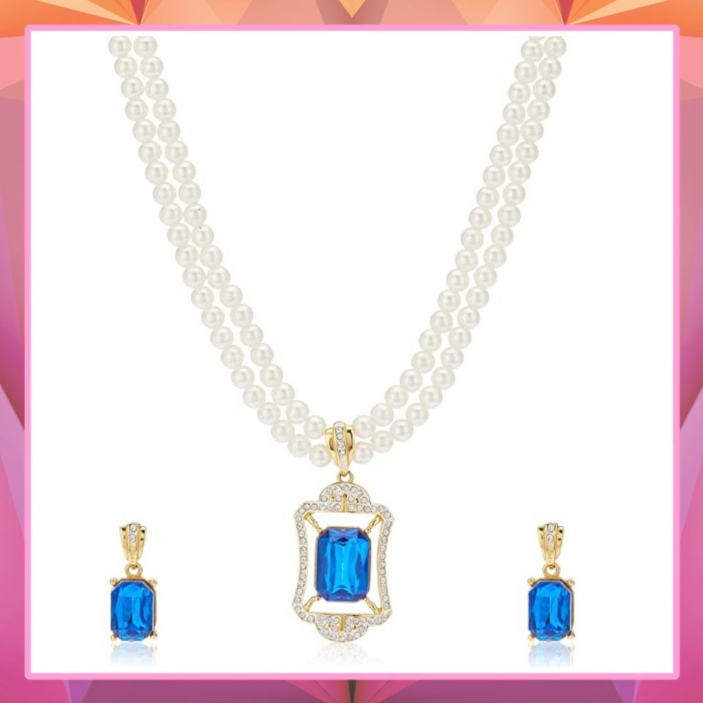 Estele Gold Plated Sparkling Pearl Necklace Set with Blue Stones for Women & Girls