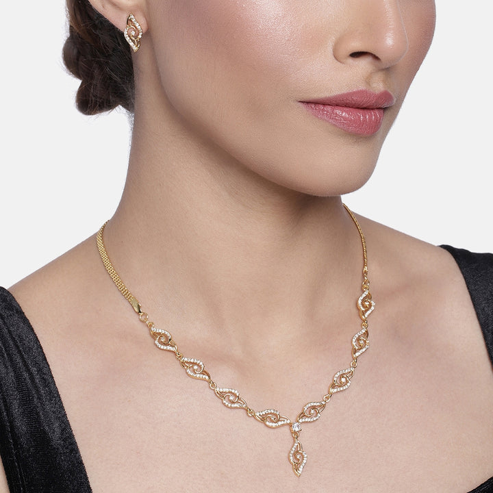 Stylish Matt Gold plated American Diamond CZ Banded Tulip Necklace