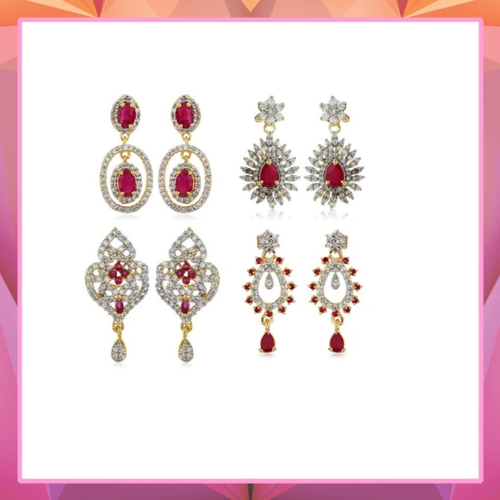 Diamante Earrings With Ruby Stones Combo Set