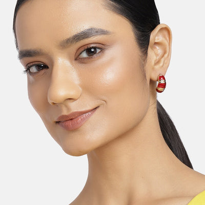 Estele   Gold Plated Red Enamel Ribbed Stud Earrings for women