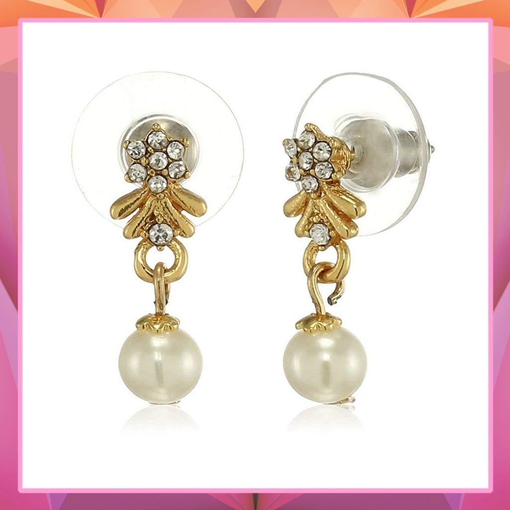 Estele 24 Kt Gold Plated Flower Damask Top Pearl Drop Earrings for women