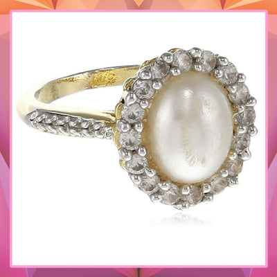 Estele white big pearl ring with american diamonds studded for women (Non Adjustable)