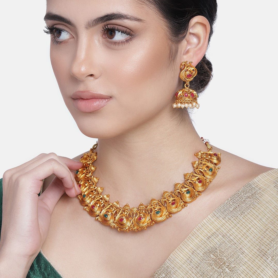 Estele - Gold Plated Holy Swans Designer Nakshi Temple Necklace Set with Colored Stones and Pearls for Women