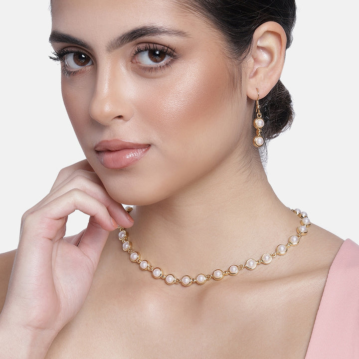 Estele Gold Plated Pearl Studded Traditional Necklace Set for Women