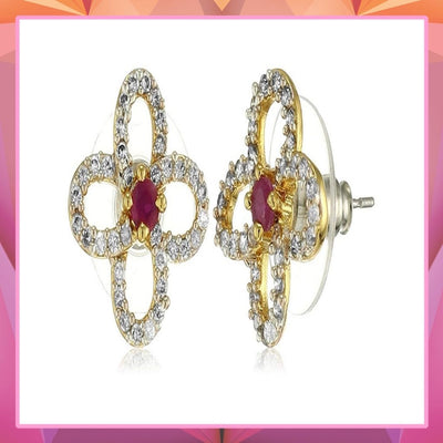 Estele Gold and Silver Plated American Diamond Ruby Primrose Stud Earrings for women