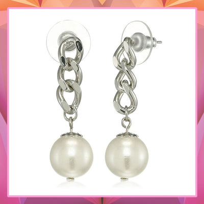Estele Rhodium Plated Cuban chain pearl Drop Earrings for women