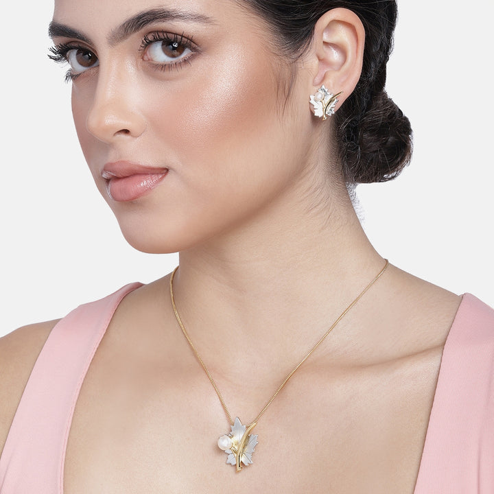 Estele Gold & Rhodium Plated Maple Leaf Designer Necklace Set with Pearl for Women